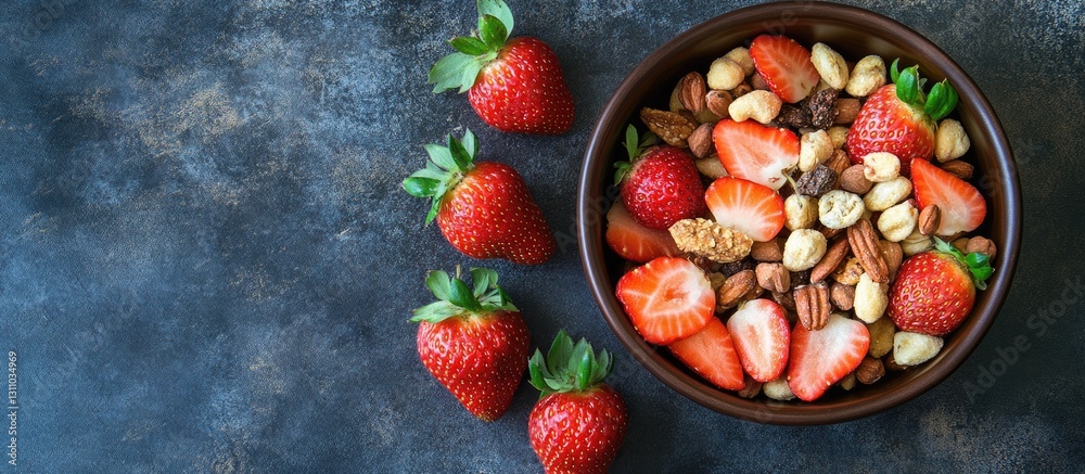 Poster bowl of trail mix with nuts and sliced strawberries on a dark textured background with whole strawbe