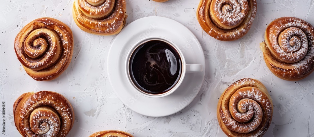 Poster Top down view of golden brown cinnamon buns arranged around a white coffee cup on a light textured background with ample copy space for text