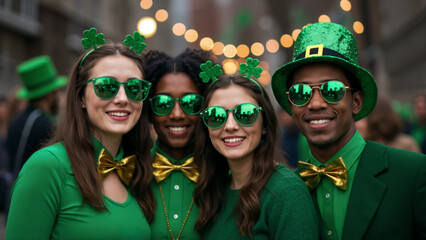 Diverse Multi ethnic group photo of four happy friends celebrating St. Patrick's Day at outdoor festival