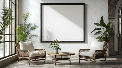 White wall with black frame mockup, two chairs and a coffee table in front of it, photorealistic, interior design photography, modern style home, 