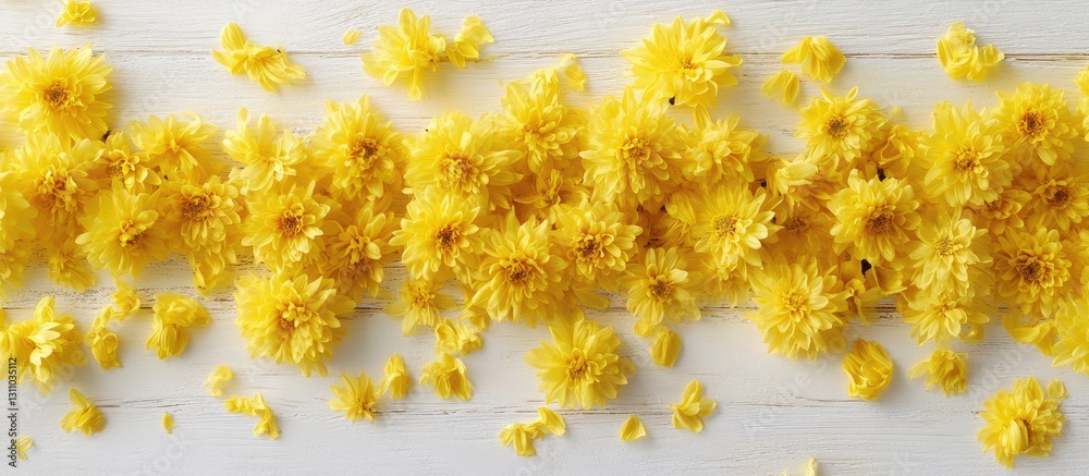 Aufkleber vibrant yellow chrysanthemum flowers arranged in a flat lay over a white wooden background with scat
