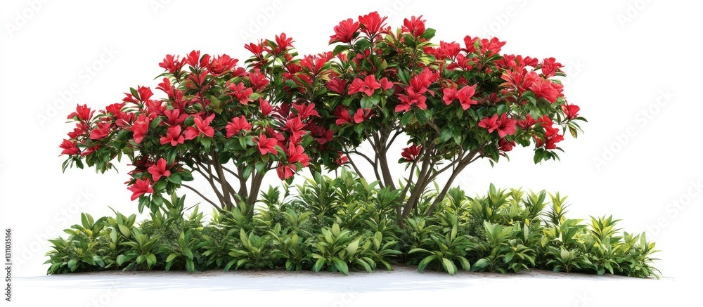 Poster vibrant red tropical flowering bush with lush green foliage isolated on white background, centered f