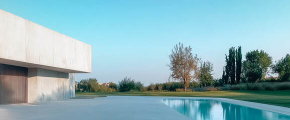 Obraz premium Modern architectural villa beside serene pool in tranquil landscape at sunset