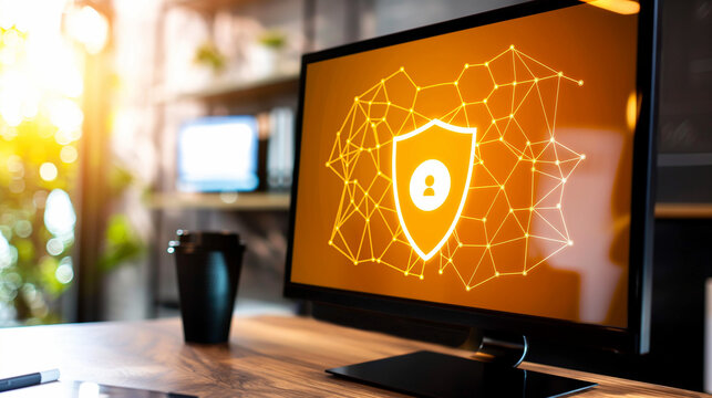 Close-up of a digital screen with a pop-up ad blocked by a shield icon, symbolizing ad-free browsing and online privacy protection in a modern workspace setting