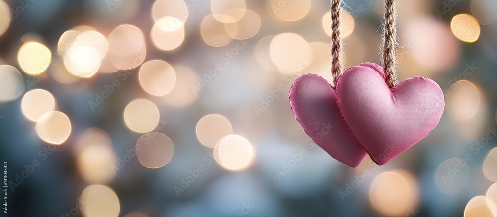 Poster two pink hearts hanging from a rope against a blurred bokeh background featuring soft warm lights co