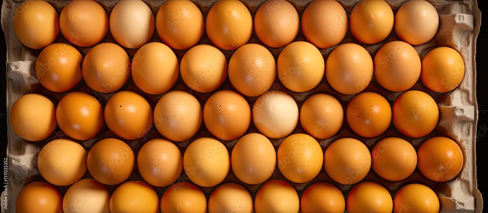 Aufkleber arrangement of dozens of brown eggs in a carton with one white egg in center, flat lay view highligh