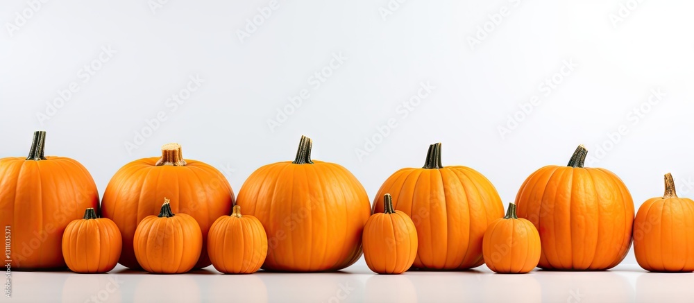 Poster flat lay of various sizes of vibrant orange pumpkins against a clean white background in a panoramic