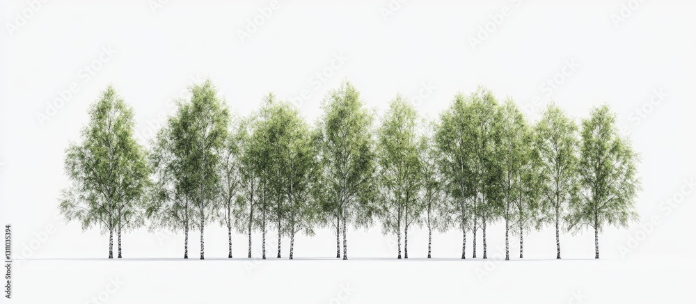Poster line of vibrant green trees with slender trunks, arranged symmetrically against a clean white backgr