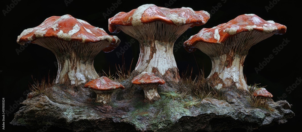 Poster vibrant red mushrooms with white caps clustered on a mossy base against a stark black background, sh