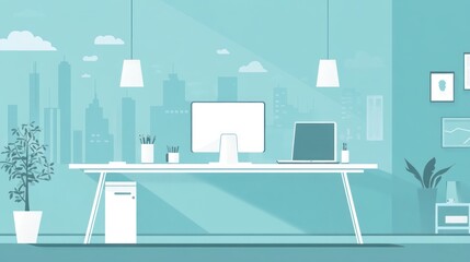 Naklejka premium Minimalist Office Desk View with Cityscape Background