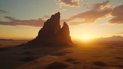 A towering red rock formation standing solitary against a vibrant desert sunset.