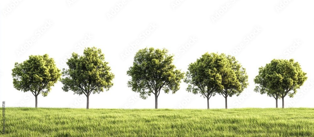 Poster line of five lush green trees on a vibrant grassy field against a clear white background creating a 