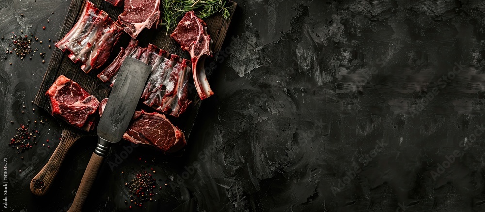 Poster fresh raw meat cuts arranged on a dark textured background with herbs and a vintage butcher knife on