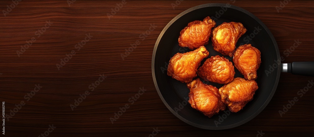 Poster golden brown crispy fried chicken pieces in a black pan on a dark wooden surface with a top view cap