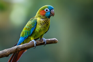 Obraz premium Green cheek conure with detailed feathers perched on a branch