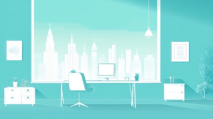 Naklejka premium Modern Office with City View, minimalist workspace, digital design
