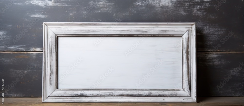 Leinwandbilder blank white photo frame resting on an aged wooden table in front of a textured gray background, idea