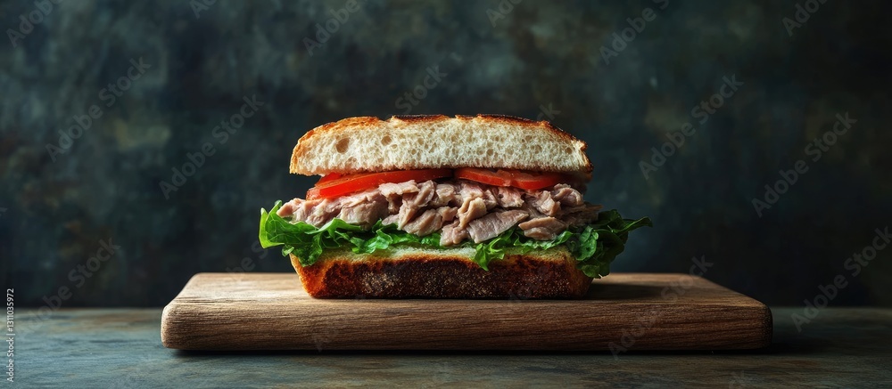 Poster tuna sandwich layered with fresh lettuce and tomatoes on a rustic wood board with a dark textured ba