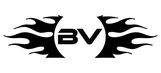 Naklejka premium Futuristic abstract Logo with Fiery Flame Motif and Geometric 'BV' Emblem, Black and White Artwork
