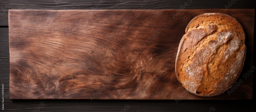 Aufkleber rustic top view of a slice of golden rye bread on a dark wooden cutting board with ample copy space 