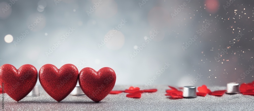 Aufkleber Valentine's Day backdrop featuring three sparkling red hearts on a shimmering silver glitter background with ample left copy space for text or elements.