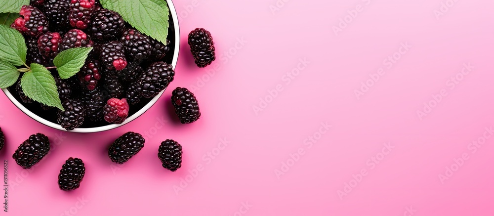 Poster top view of a ceramic bowl filled with blackberries and mint leaves on a soft pink background with s