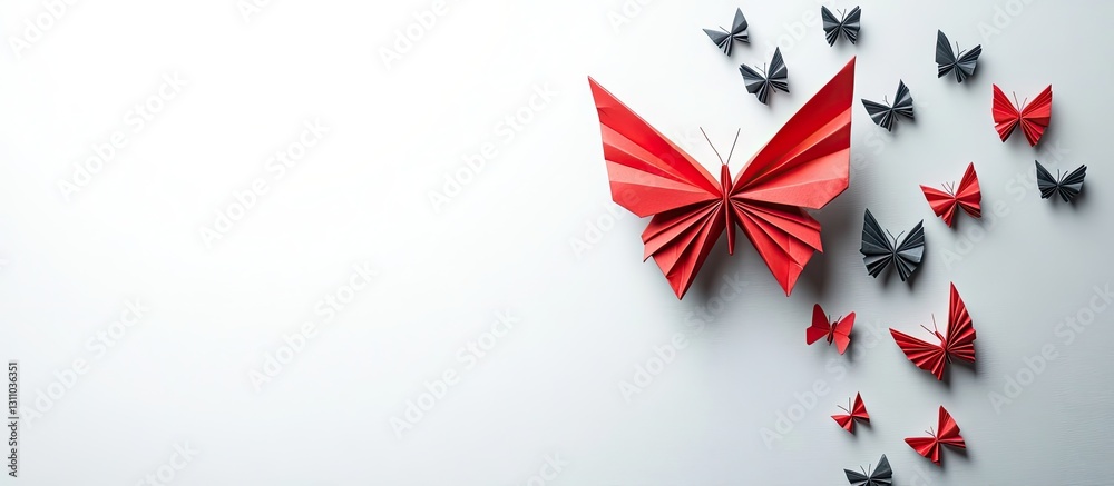 Fototapete red origami butterfly surrounded by smaller black origami butterflies on a light gray background wit
