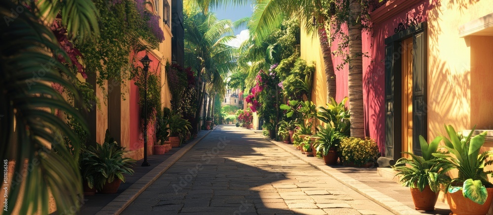 Aufkleber vibrant tropical alleyway lined with colorful buildings and lush greenery sunlight filters through p