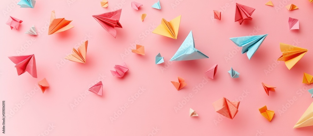 Aufkleber colorful origami paper planes in various shades of red blue yellow and orange scattered on a soft pi