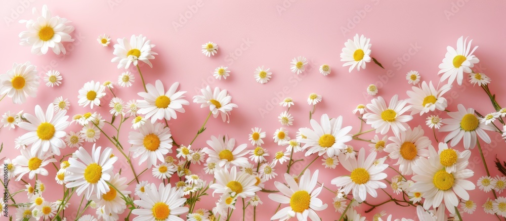 Fototapete white daisies scattered across a soft pink background with varying sizes creating a dreamy floral pa