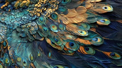 Fototapeta premium 98.A striking close-up shot of an Indian male peacock, with its vibrant and intricate tail feathers spread in a full display. The colorful feathers, in rich shades of blue, green, and gold, are