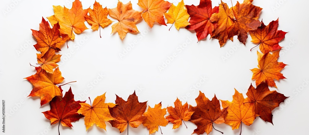 Aufkleber autumn maple leaves arranged in an oval shape on a white background with vibrant red and orange hues
