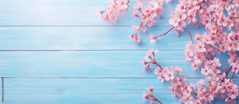 Poster blossoming cherry tree twigs with soft pink flowers on a light blue wooden background from above cre