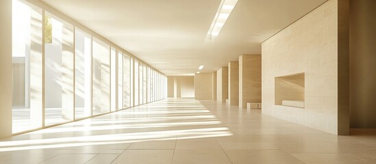 Fototapeta premium Modern spacious hallway with large windows allowing natural light, beige walls and flooring, minimalist design, and clean lines creating an airy atmosphere.