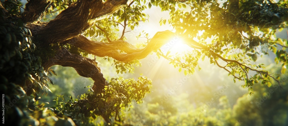 Poster Majestic green tree with crooked branches illuminated by bright sunlight filtering through leaves in a serene forest setting.