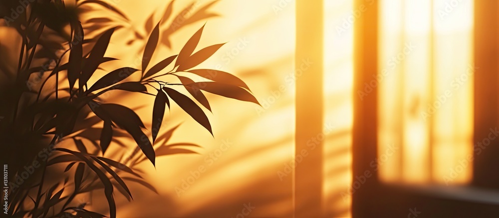 Aufkleber silhouette of palm leaves in soft focus against a warm golden light background vertical layout ideal