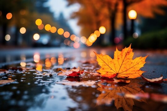 Autumn leaf close up with city lights bokeh rainy day