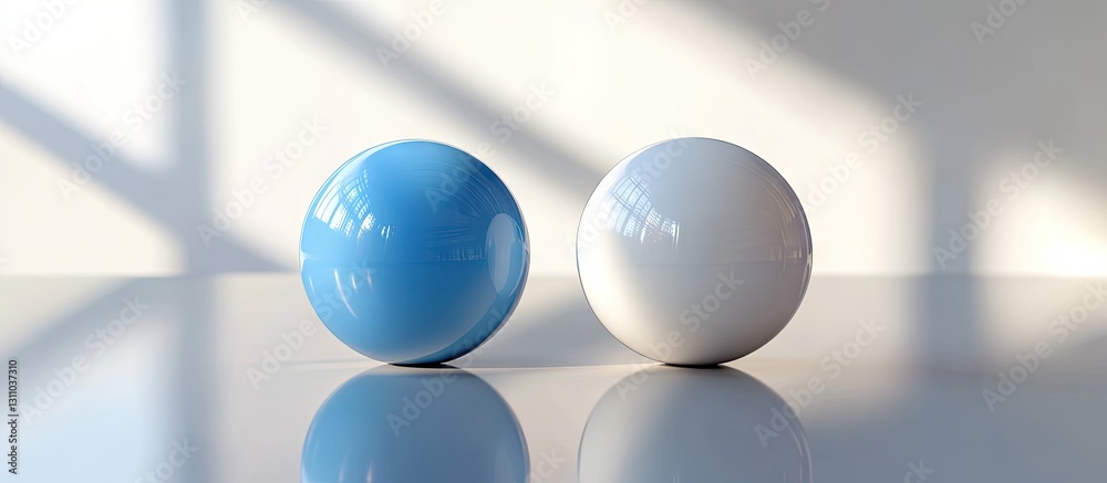 Leinwandbilder two glossy spheres one blue on the left and one white on the right resting on a reflective glass tab