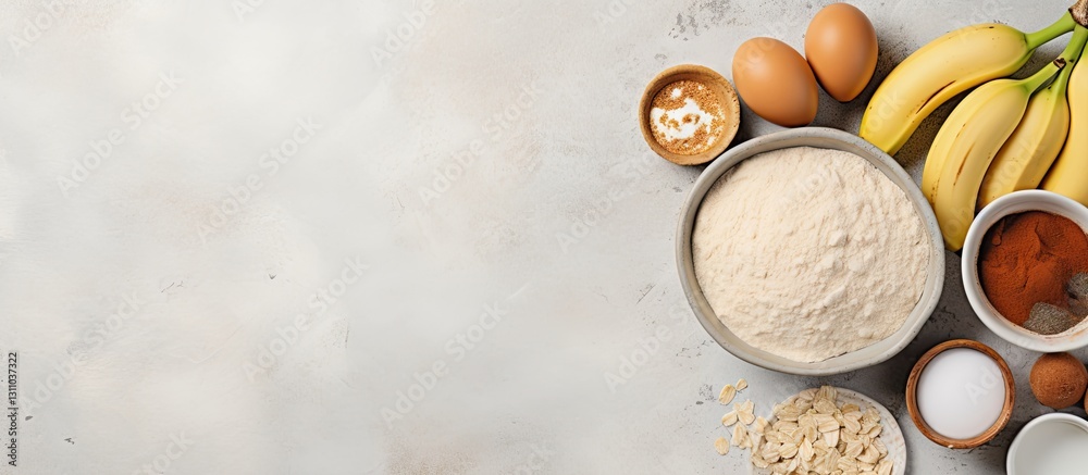 Poster top view of a light gray surface featuring bowls of flour, sugar, eggs, bananas, and cinnamon for ba
