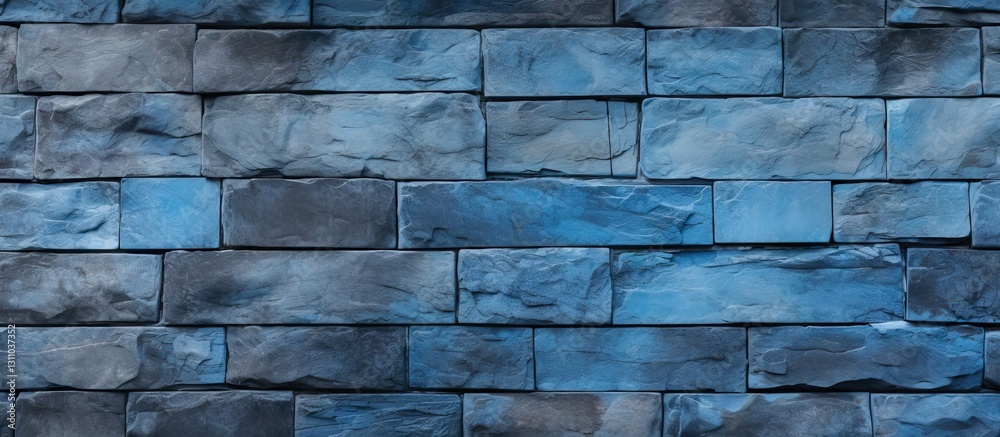 Aufkleber Blue stone wall texture featuring varied hues of blue and gray, arranged in a horizontal layout, providing ample background space for design use.