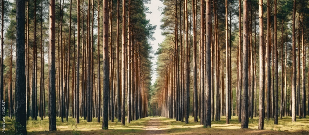 Poster tall, straight trunks of pine trees form a symmetrical path in a sunlit forest, with lush green gras