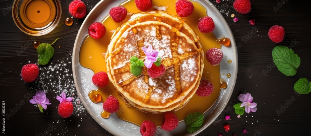 Poster stack of fluffy pancakes drizzled with syrup on a gray plate garnished with raspberries mint leaves 