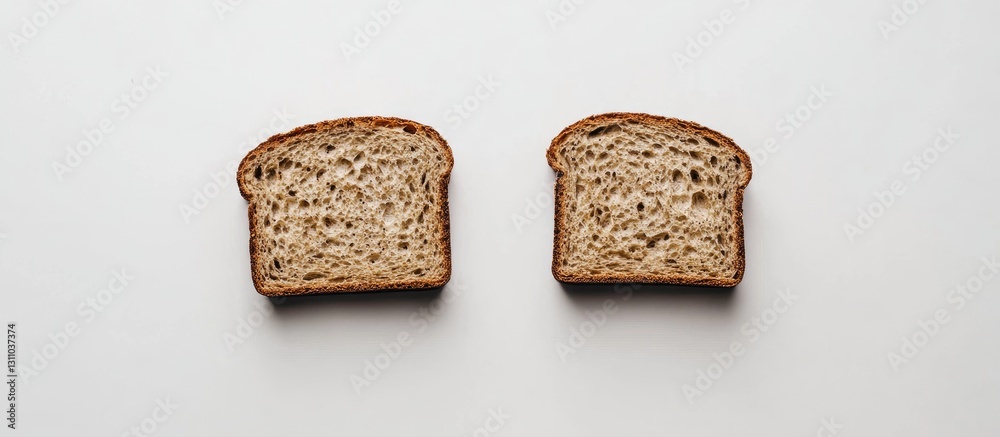 Poster Two slices of brown bread positioned side by side on a plain white background, highlighting their texture and simplicity in a minimalist style.