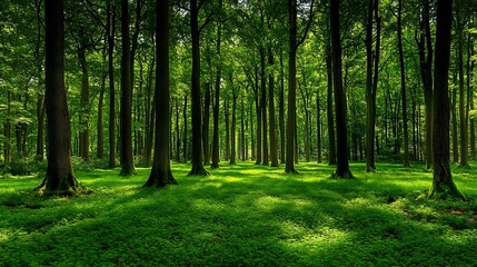 Obraz premium The Green Forest Showing Tall Trees and Lush Green Foliage