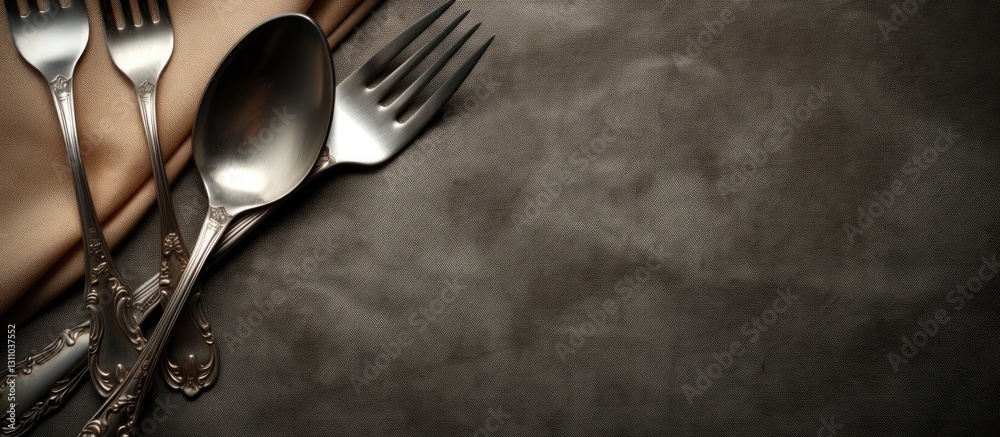 Poster Elegant dining utensils arranged on a textured dark surface with a beige cloth on the left side creating ample copy space for text.