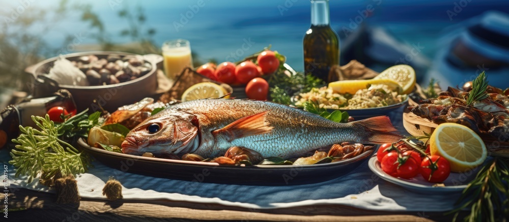 Poster freshly caught fish elegantly arranged on a rustic platter surrounded by vibrant cherry tomatoes, le