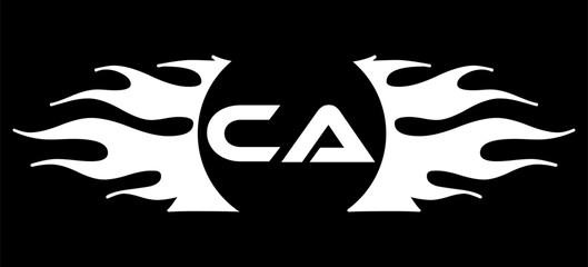 Futuristic abstract Logo with Fiery Flame Motif and Geometric 'CA' Emblem, Black and White Artwork