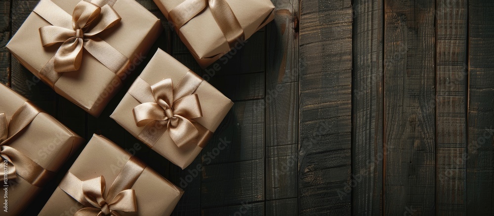 Poster top view of four beige gift boxes with ribbon on dark wooden surface with empty space on the right f
