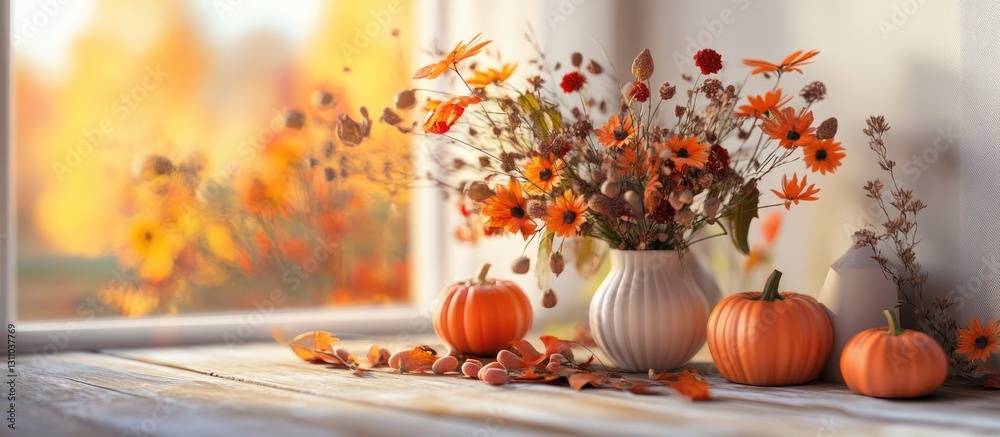 Aufkleber autumnal still life with warm orange flowers and pumpkins arranged in a light room setting with a so