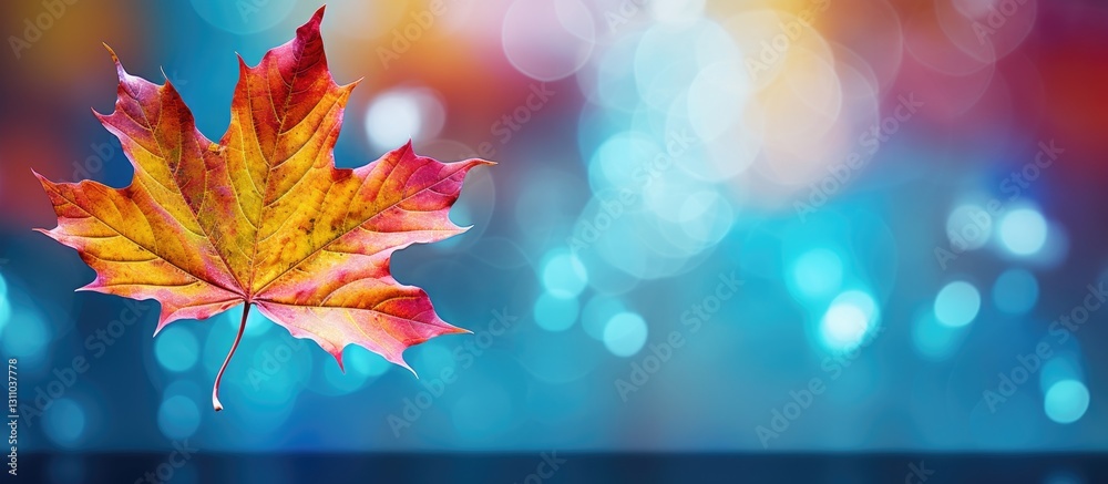 Poster vibrant red and orange maple leaf elegantly positioned left with blurred blue bokeh background creat
